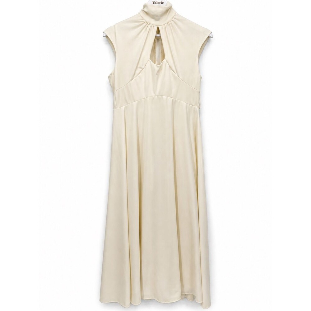 Vintage *Flaws* Midi Dress Bridal Cutout High Neck Neutral Formal Size S-M Cream